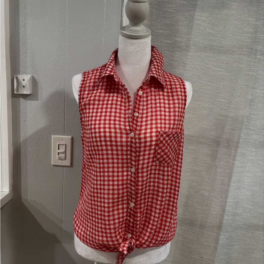 C&C California Red and White Gingham Tie-Front Sleeveless Button Tank